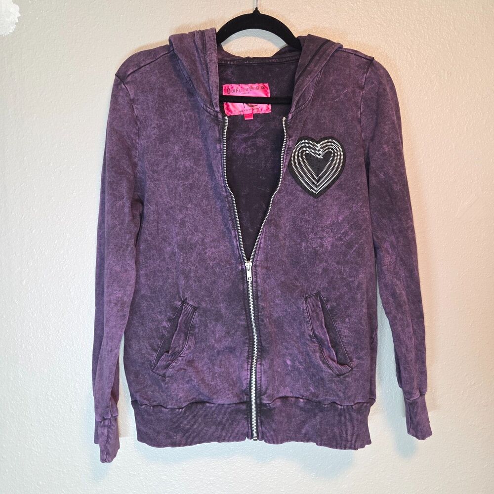 Vintage Y2K Famous Couture Acid Wash Purple Zip Up Hoodie Patch Heart Women XL